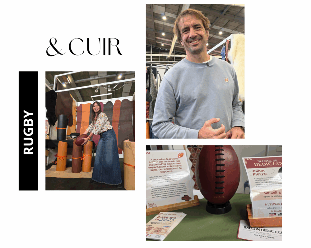 Rugby, cuir, Sud-Ouest... Les Portes du Cuir ont mis à l'honneur Le ballon ovale avec un invité VIP : Julien Pierre, Vice-champion du monde avec l’équipe de France, ancien joueur de la Section Paloise. Reportage de Stephanie Bui, pour the daily couture